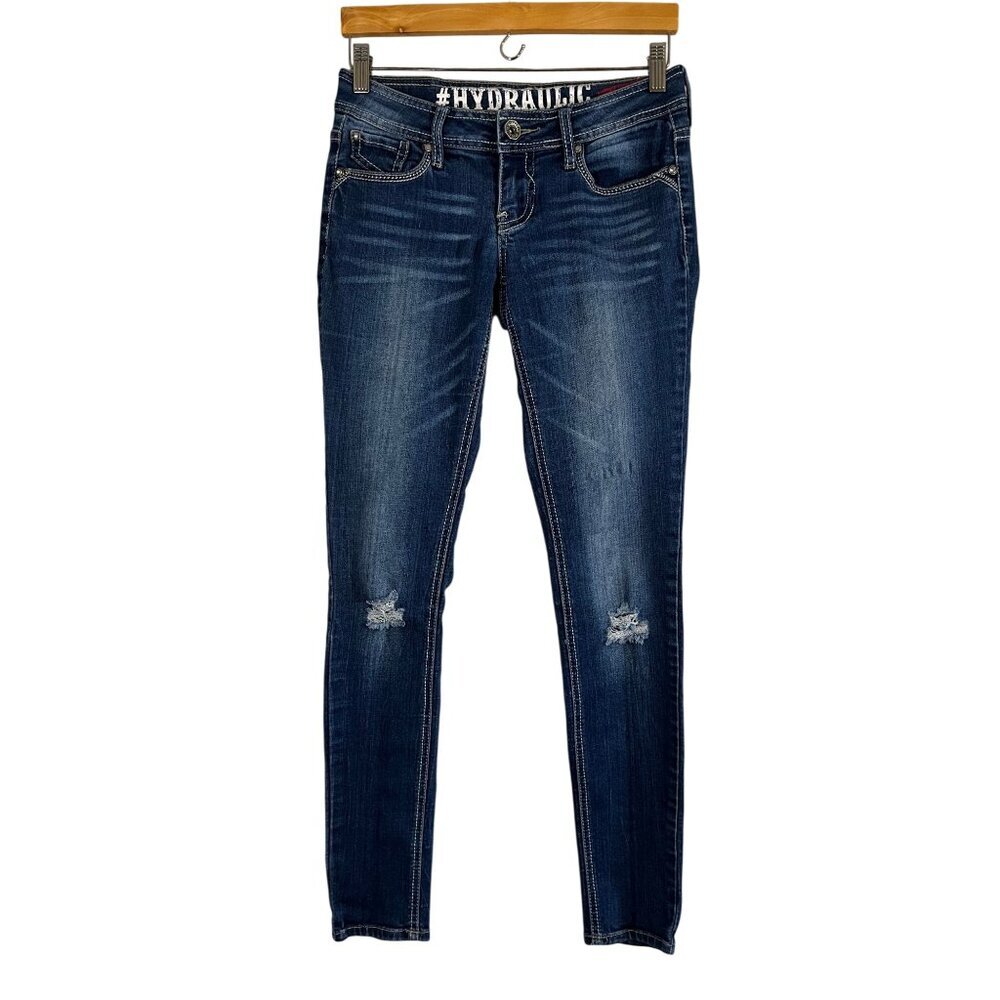 Hydraulic Distressed Skinny Denim Jeans Blue 3 Ripped Dark Wash Western Cowgirl